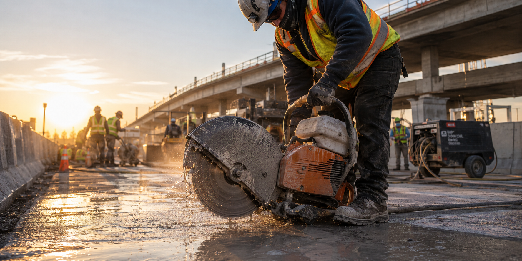 Contractor cutting concrete with a diamond blade at an infrastructure jobsite at sunset