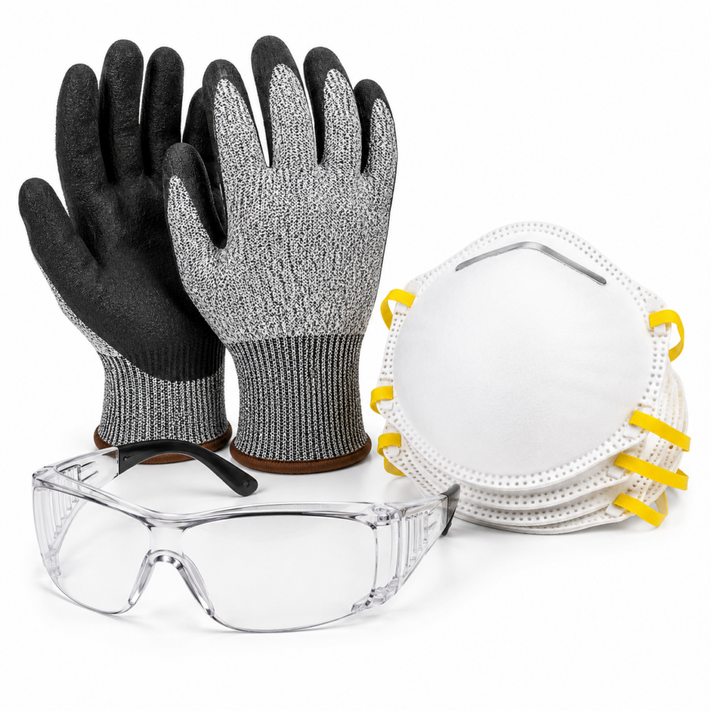 Contractor safety kit with cut-resistant gloves, safety glasses and dust mask