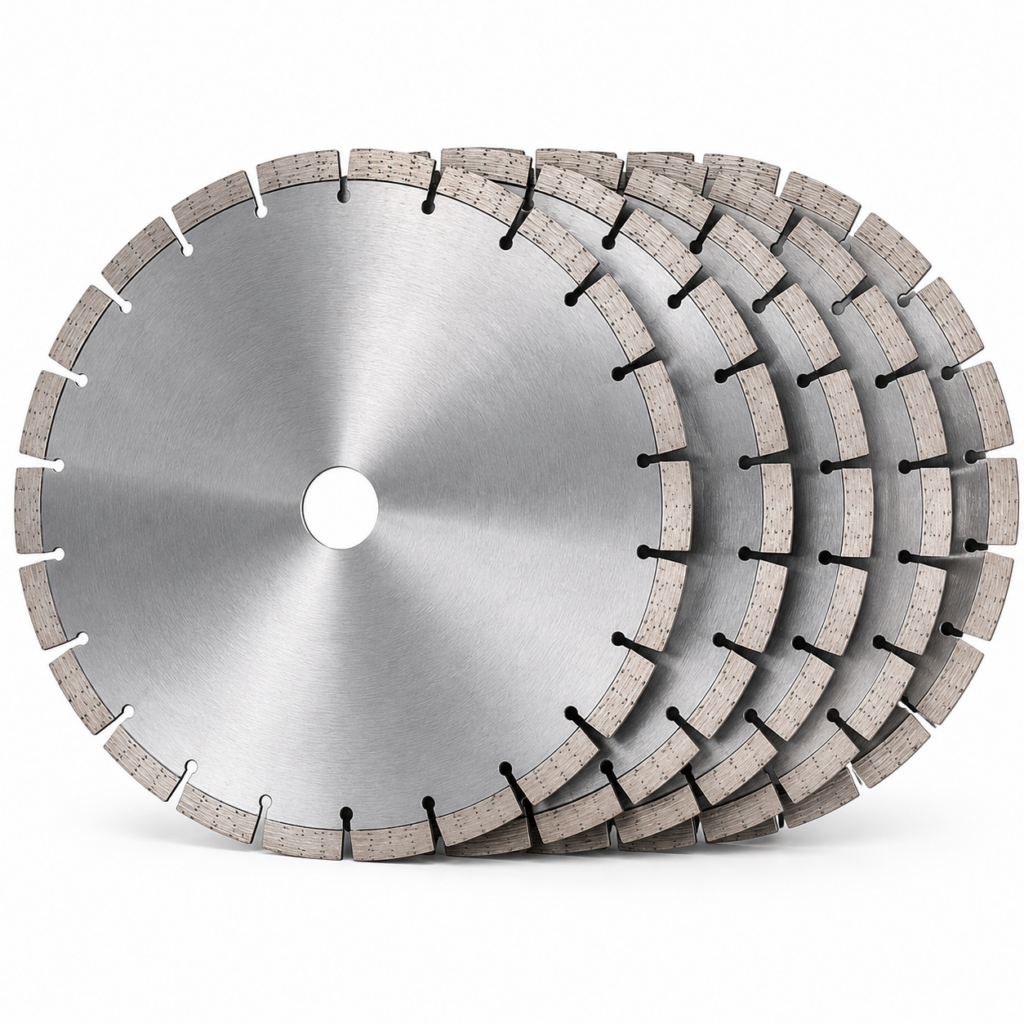 Five-pack of DOT Pro 14-inch cured concrete diamond blades in bulk contractor packaging