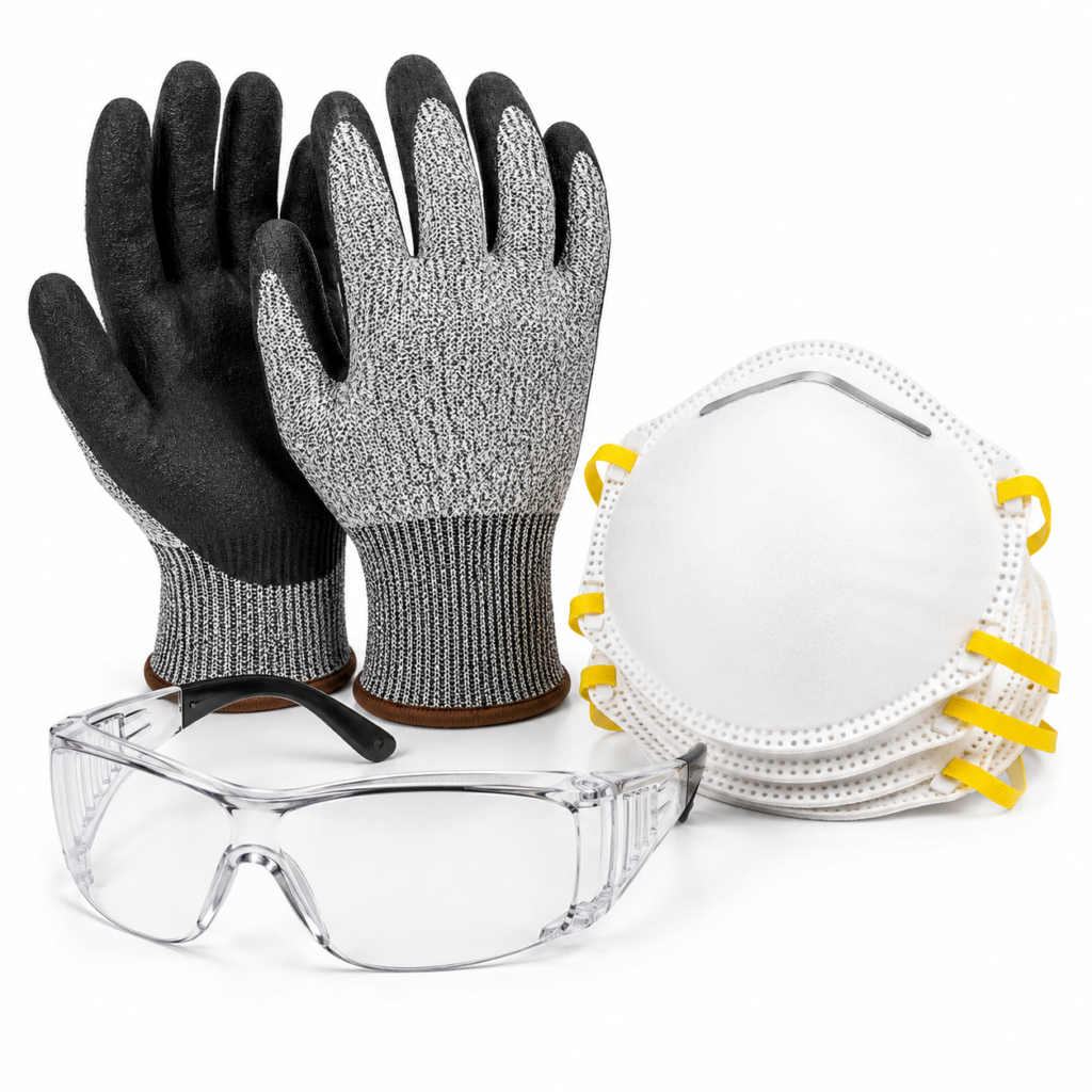 Contractor safety kit with cut-resistant gloves, safety glasses and dust mask