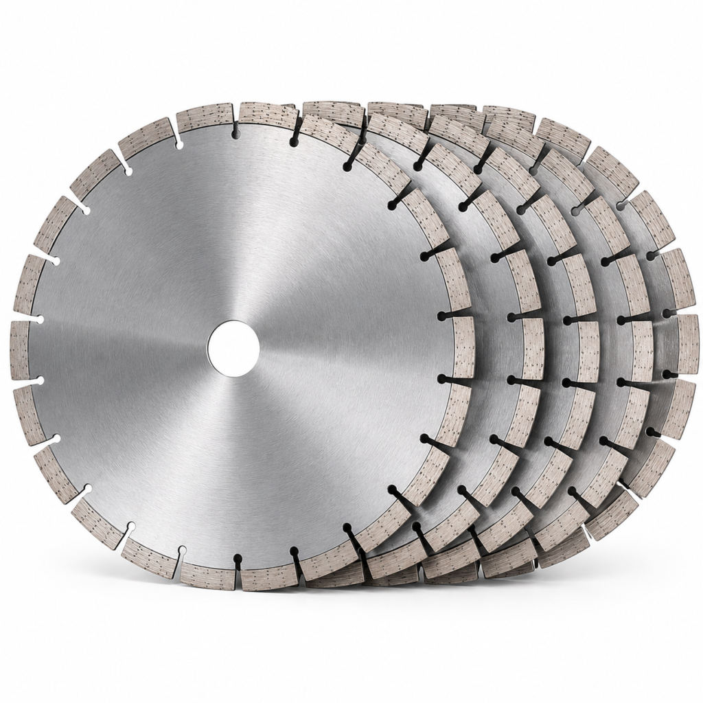 Five-pack of DOT Pro 14-inch cured concrete diamond blades in bulk contractor packaging
